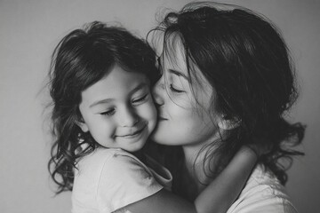 Fototapeta premium A little girl hugging her mother and smiling, a photograph of a beautiful young woman with long hair wearing a white t-shirt and holding her young daughter at home, a close-up portrait on a light back