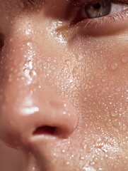 Fototapeta premium Shows moisturized skin after applying a face mask, no pores or prominent problems, emphasizing a bright and healthy texture, suitable for advertising hydrating serum or masks.