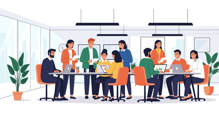 Diverse team collaborating in a modern office, ideal for website banners, presentations, or social media posts about teamwork and collaboration.
