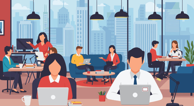 Modern office workers collaborating in a bright, spacious workspace. Ideal for websites, presentations, and social media posts about teamwork, productivity, and modern offices.