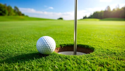 Obraz premium Golf ball resting in a hole on a vibrant green golf course on a sunny day
