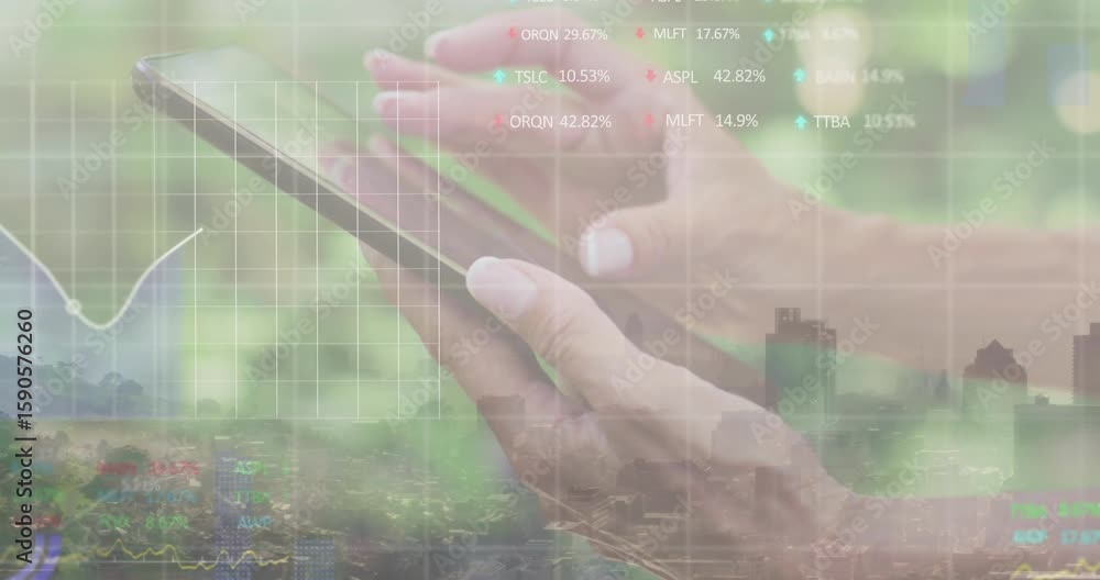 Poster hands tapping tablet menu drawing stock chart updating data then zooming point in finance interface