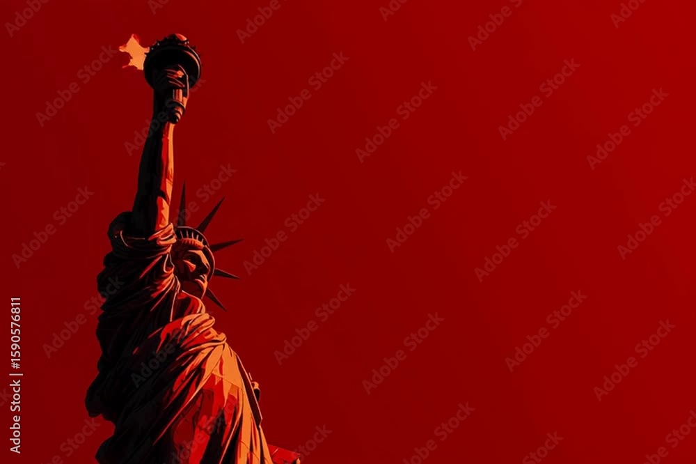 Poster a red background with the statue of liberty in white and orange tones, representing freedom and patr
