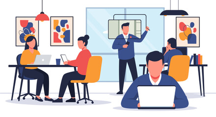 Modern office workers collaborating on projects, ideal for website banners, presentations, or social media posts about teamwork and remote work.