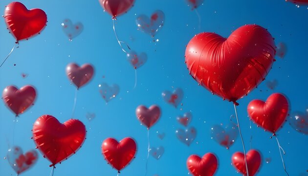 Heart-shaped red balloons flying in a clear blue sky, symbolizing love and freedom"