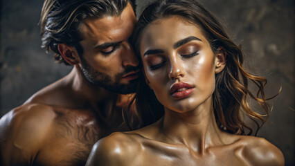 Obraz premium Young couple in love, a beautiful brunette woman with her partner, captured in a passionate, glamorous studio portrait
