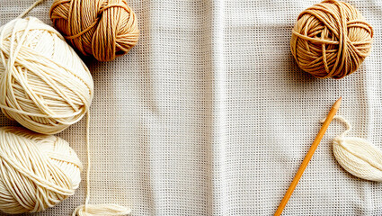 vory and Beige Yarn Composition on Cotton Fabric – Light and Airy Craft Background with Clean Layout and Empty Space for Text or Design
