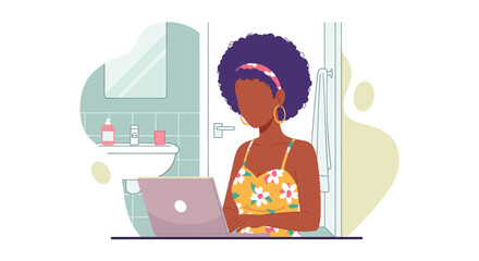 Illustration of a Black woman working on her laptop in a bathroom, perfect for blogs, social media, or articles on remote work and self-care.
