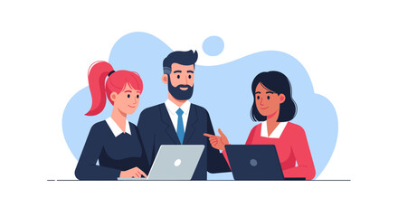 Diverse business team collaborating on laptops, ideal for website banners, presentations, or social media posts showcasing teamwork and technology.