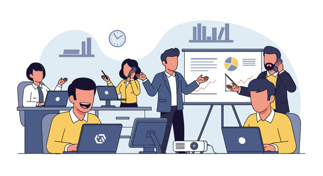 Illustrative image of a busy office team collaborating, perfect for website banners, presentations, or marketing materials showcasing teamwork and productivity.
