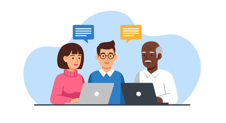 Diverse team collaborating on laptops, ideal for websites, presentations, or social media posts about teamwork, technology, and inclusivity.