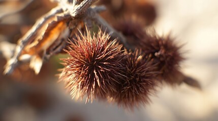 Thorny seed pods hang from a twig, dried leaves in soft focus, warm autumn tones