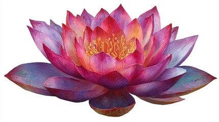 Vivid lotus flower in bloom with layers of pink, purple, and yellow petals