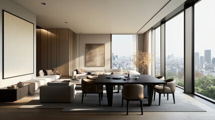 Fototapeta premium Luxury Apartment Interior, Modern Design, City View, Contemporary Living Room