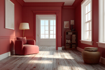 Interior of a minimalist room featuring white and crimson walls, a lamp, wooden flooring, windows, and book-themed decor