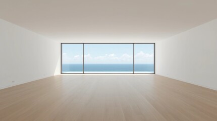Fototapeta premium Modern empty room with wooden floor and large window on mountain background. 3d render.