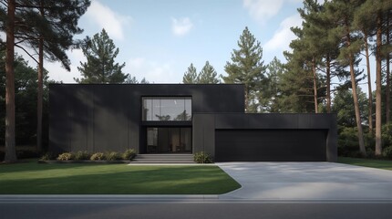 Obraz premium Perspective of black and white modern luxury house with green lawn yard on tree background, Idea of minimal architecture with garage door. 3D rendering