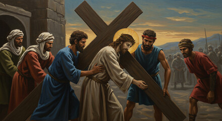Jesus christ carrying the cross with the help of others in a crowd on the way to calvary hill
