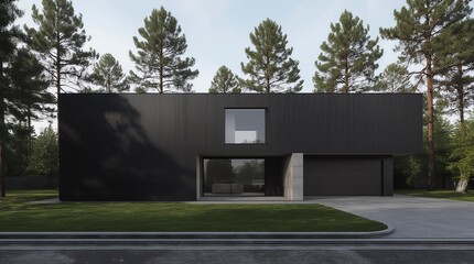 Obraz premium Perspective of black and white modern luxury house with green lawn yard on tree background, Idea of minimal architecture with garage door. 3D rendering