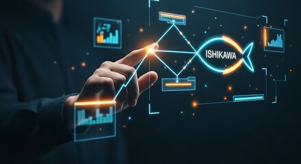 Root Cause Analysis (RCA) concept. Hand traces a problem back to its origin using a holographic fishbone (Ishikawa) diagram for problem-solving.