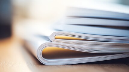 Stacked papers show a gentle arc with sunlight on a light wood surface