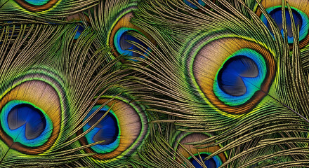 Obraz premium Graceful peacock feathers display vibrant shades of blue, green, and gold in an ornate pattern, radiating beauty and elegance.