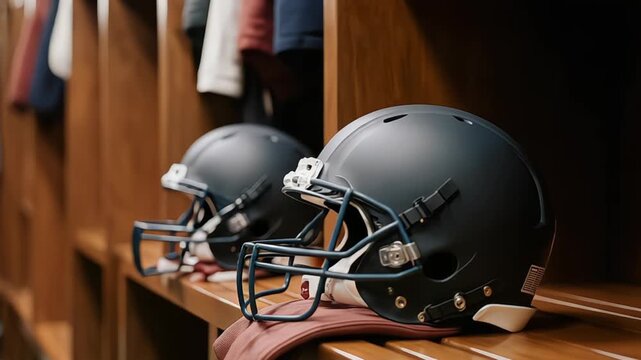 Football helmets lined up in a locker room ready for the game