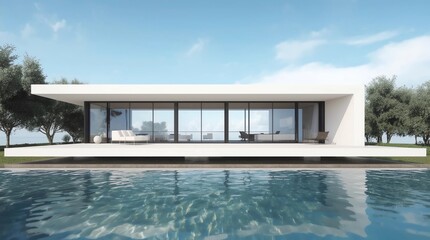Perspective of luxury modern house with swimming pool in day time on green lake background, Idea of minimal architecture design. 3D rendering
