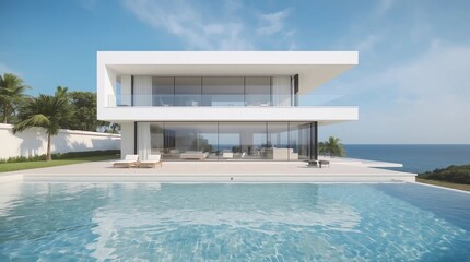 Perspective of luxury modern house with swimming pool in day time on green lake background, Idea of minimal architecture design. 3D rendering