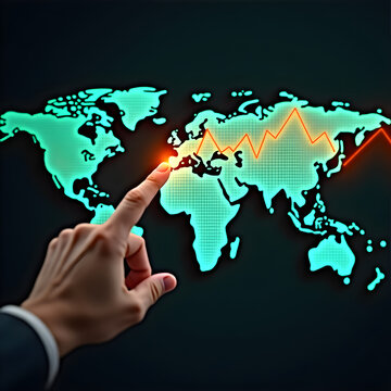 Global Financial Analysis Concept: Finger Pointing at Digital World Map with Orange Market Trend Graph Overlay, Green Dot Matrix and Interactive Glow Effect world map on hand