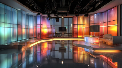Futuristic TV Studio Interior With Colorful Backlit Panels Large Displays And Glossy Floor Reflection