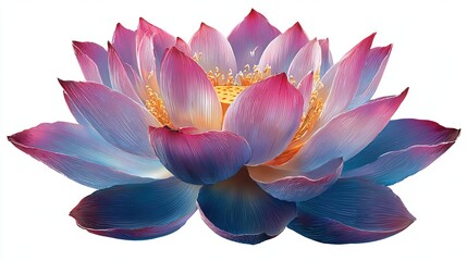 Elegant lotus flower, vibrant petals of pink, purple, and blue, against white background