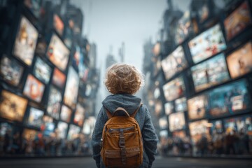 Fototapeta premium Skyline of dreams: a child's perspective on future possibilities. Urban diversity. Cultural exchange in community marketplaces: bridging generations. Tech in reading. Cultural exchange.