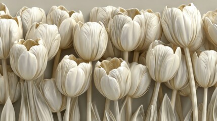 A collection of detailed, light beige tulips.