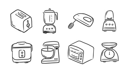 Collection of Hand-Drawn Kitchen Appliances for Cooking and Baking