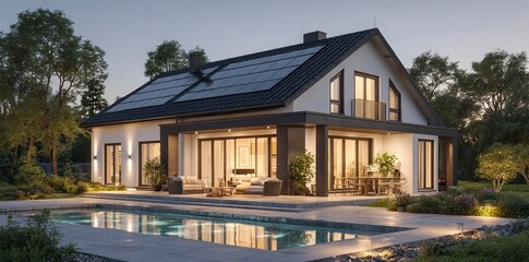 3D rendering of a modern house with solar panels on the roof and a swimming pool in the garden at evening time. The exterior of this modern family home features black tiles, white walls, large windows