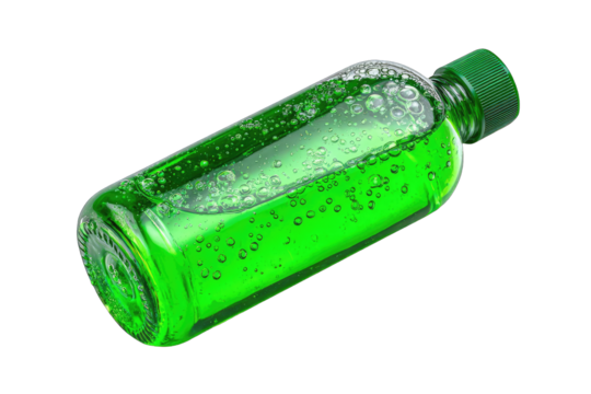 Green bottle with liquid and bubbles.  A translucent,  green plastic bottle, angled, holds a liquid with many tiny bubbles.  A screw-on green cap is visible