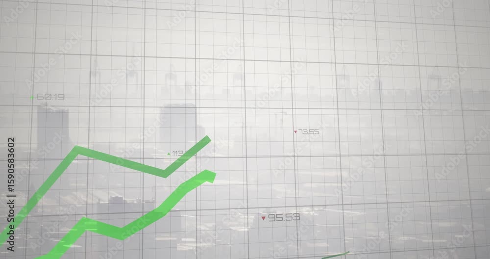 Poster grid appearing over city skyline starting market chart with two green lines weaving numeric markers