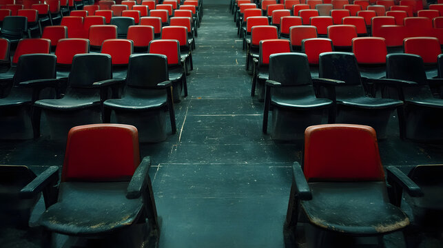 Seats of black tribune on sport stadium. empty outdoor arena. concept of fans. chairs for audience. cultural environment concept. color and symmetry. empty seats. modern stadium