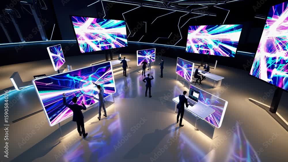 Poster futuristic digital workspace with large screens displaying vibrant graphics. high-angle view capture