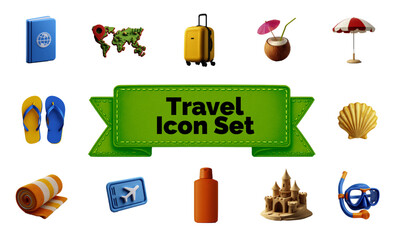 Travel icon set featuring various vacation-themed symbols  