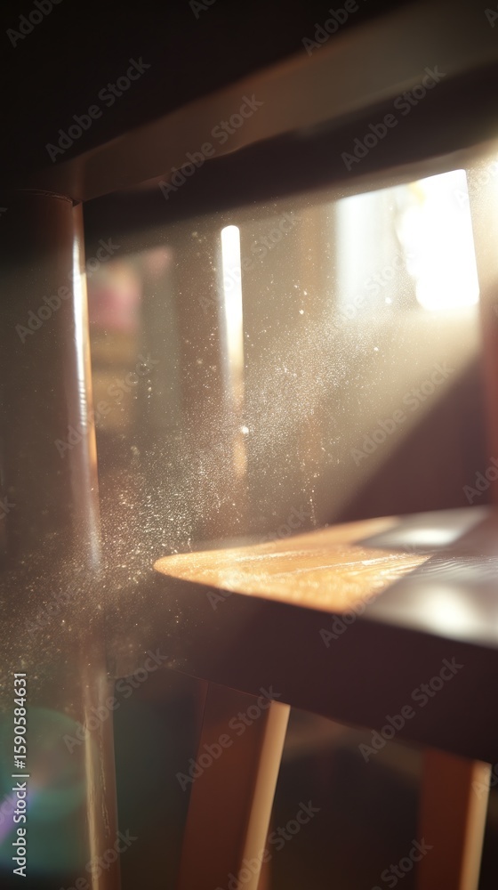Poster sunlight streaming through a window illuminating dust particles on a wooden table surface indoors vi
