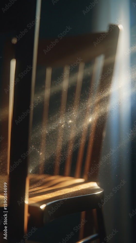 Poster a close up view of a wooden chair with sunlight streaming through the window creating a dusty atmosp