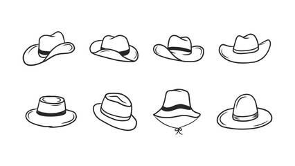 Collection of Hand-Drawn Hats Including Cowboy Hats and Fedora Styles