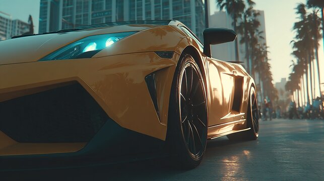 Low-angle shot of a yellow sportscar on a city street lined with palm trees