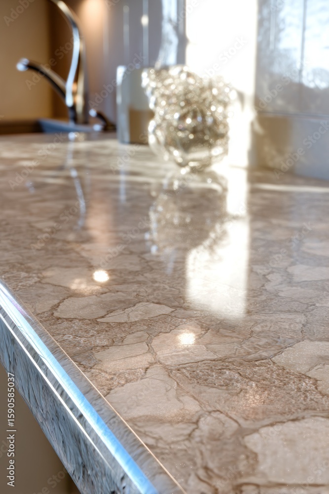 Poster a close up shot of a marble countertop with a faucet and decorative objects in the background blur
