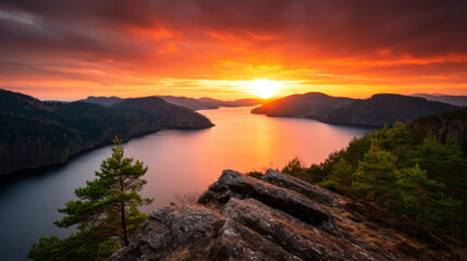 Obraz premium breathtaking sunset over a serene lake surrounded by forested hills and rocky cliffs, casting a warm golden glow across the tranquil water.