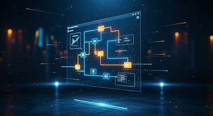 Process mining technology concept. Holographic software analyzes event logs to automatically draw the actual workflow of a business process for optimization.