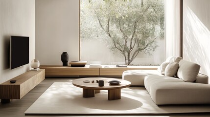 Fototapeta premium Minimalist Living Room Design, Natural Light, Modern Interior