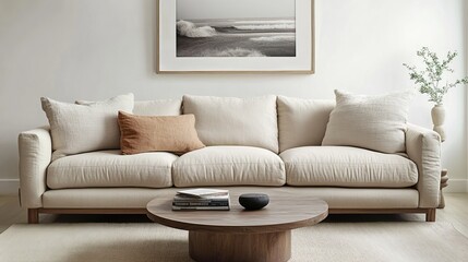 Cozy Beige Sofa In Modern Living Room With Artwork And Decor